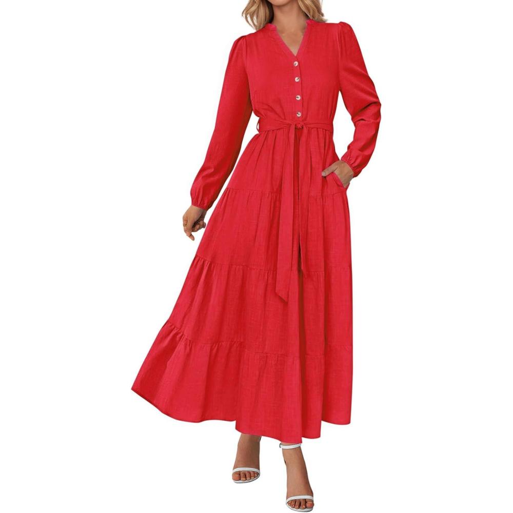 imagePRETTYGARDEN Maxi Dresses for Women Spring Long Sleeve V Neck Belted A Line Flowy Boho Wedding Guest Dress PocketsRed