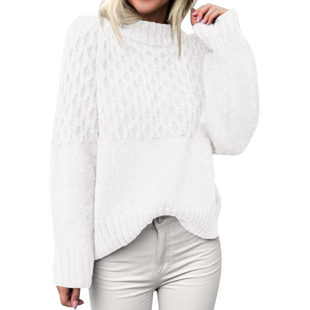 imagePRETTYGARDEN Oversized Sweaters for Women 2025 Fall Cute Cable Knit Long Sleeve Crewneck Chunky Pullover Tops Winter ClothingWhite