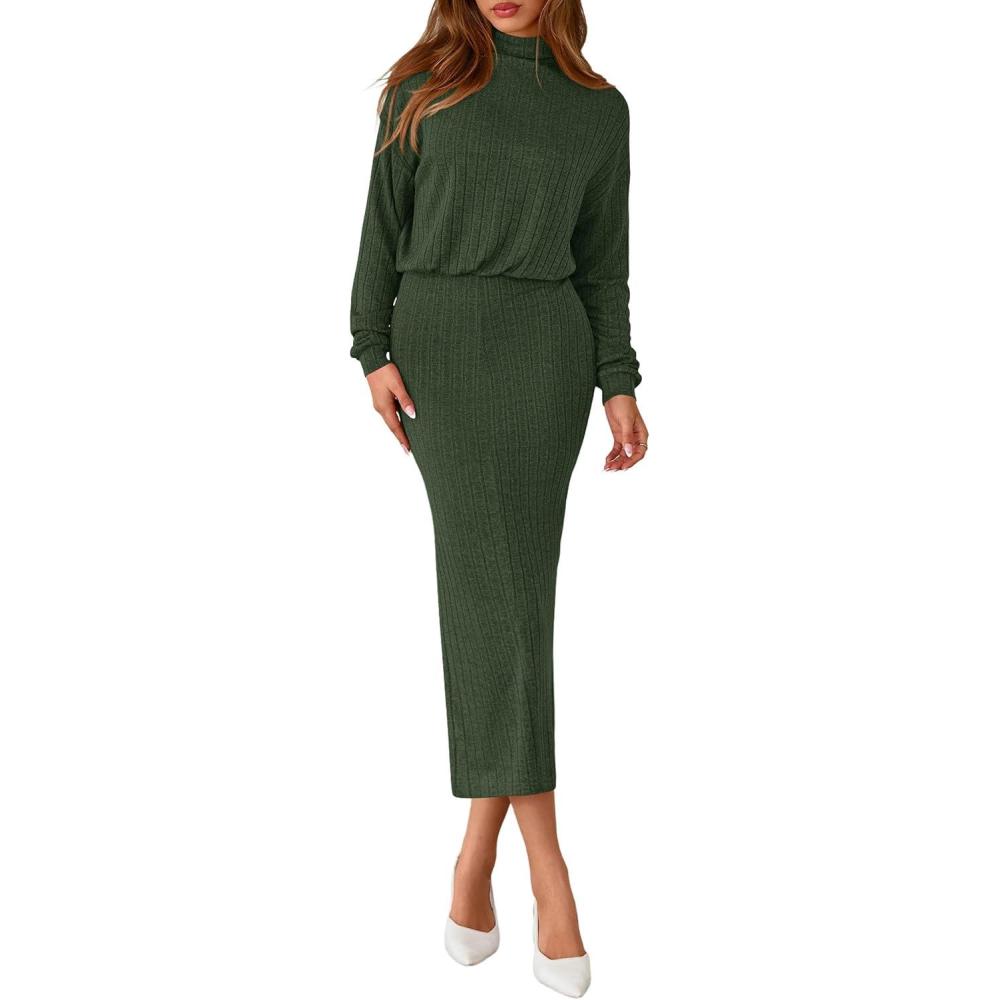 imagePRETTYGARDEN Turtle Neck Dresses for Women 2026 Fall Knit Outfits Slit Elastic Waist Long Sleeve Bodycon Midi Sweater DressDark Green