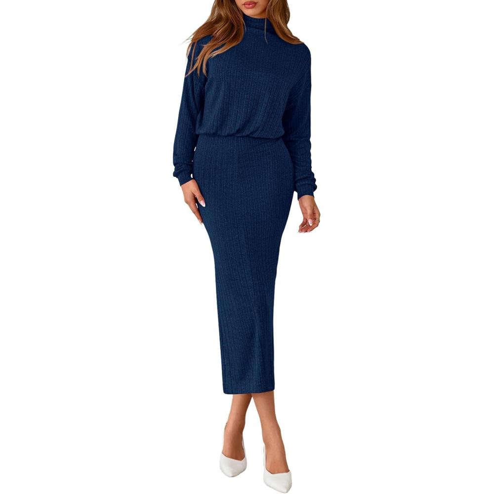 imagePRETTYGARDEN Turtle Neck Dresses for Women 2026 Fall Knit Outfits Slit Elastic Waist Long Sleeve Bodycon Midi Sweater DressNavy