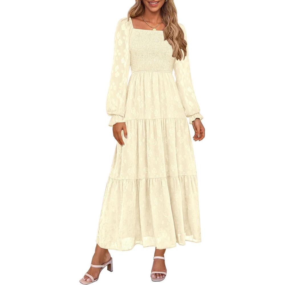 imagePRETTYGARDEN Wedding Guest Dresses for Women Floral Long Sleeve Smocked Tiered Elegant Long Flowy Boho DressBeige