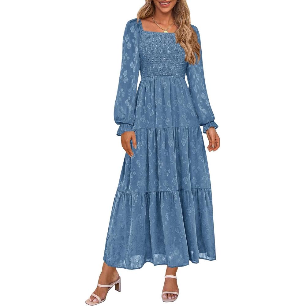 imagePRETTYGARDEN Wedding Guest Dresses for Women Floral Long Sleeve Smocked Tiered Elegant Long Flowy Boho DressBlue