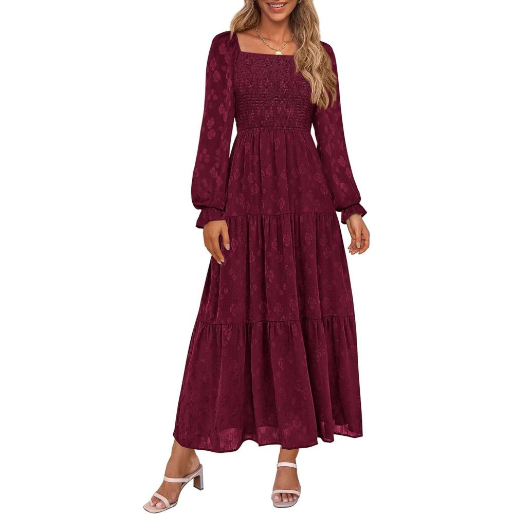 imagePRETTYGARDEN Wedding Guest Dresses for Women Floral Long Sleeve Smocked Tiered Elegant Long Flowy Boho DressBurgundy