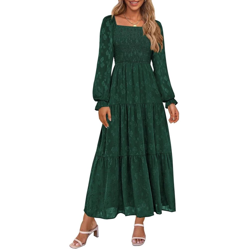imagePRETTYGARDEN Wedding Guest Dresses for Women Floral Long Sleeve Smocked Tiered Elegant Long Flowy Boho DressDark Green