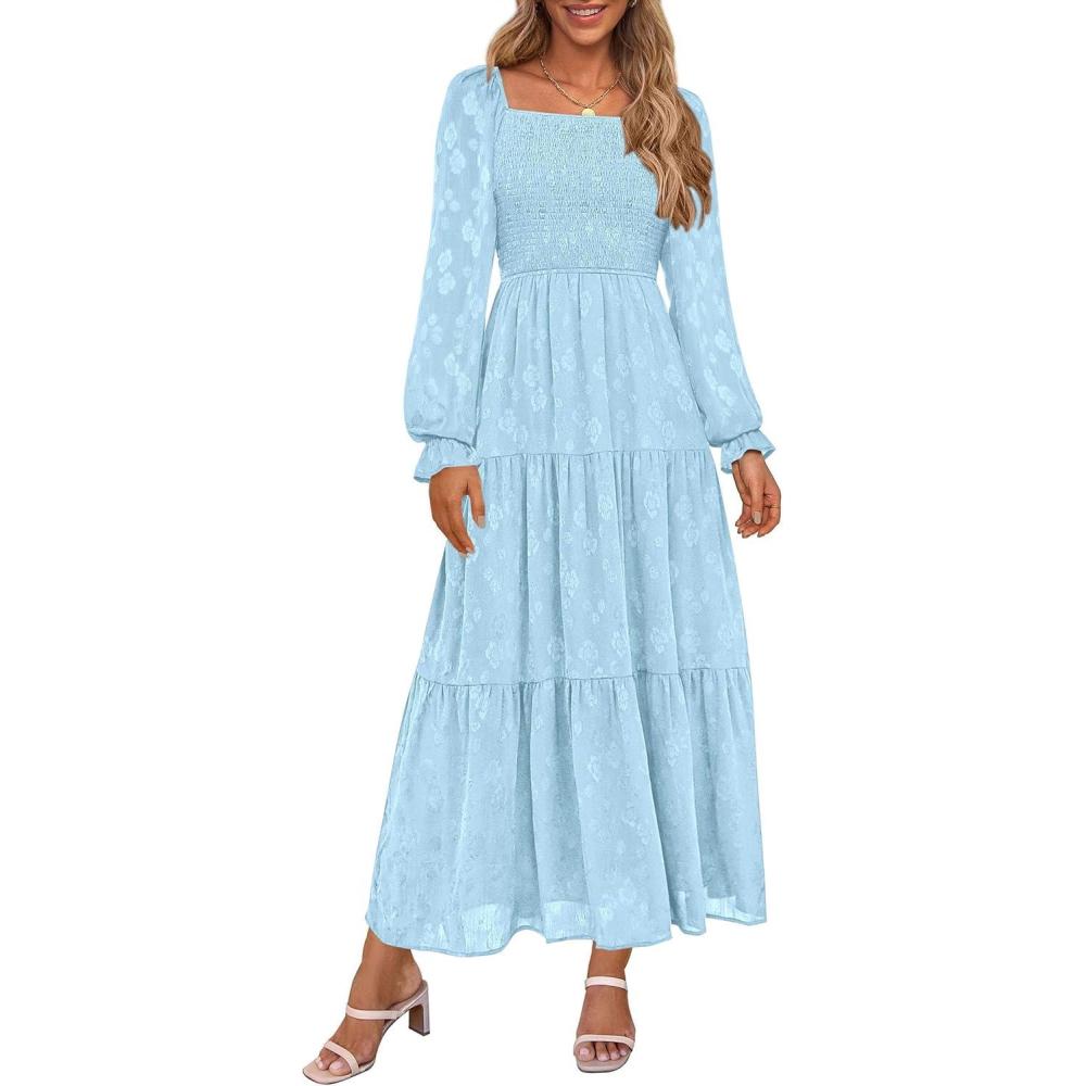 imagePRETTYGARDEN Wedding Guest Dresses for Women Floral Long Sleeve Smocked Tiered Elegant Long Flowy Boho DressLight Blue