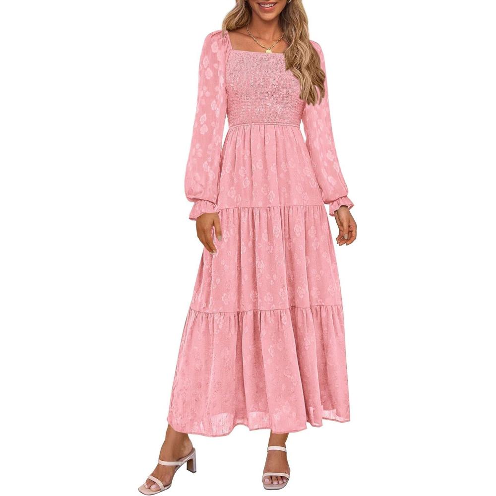 imagePRETTYGARDEN Wedding Guest Dresses for Women Floral Long Sleeve Smocked Tiered Elegant Long Flowy Boho DressPink
