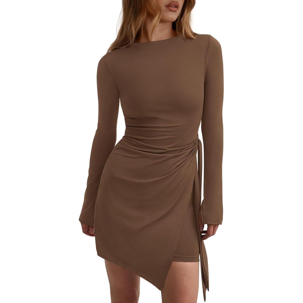 imagePRETTYGARDEN Women 2025 Mini Bodycon Dresses Long Sleeve Ruched Fitted Short Night Out Trendy Party Club Outfits Fall ClothesBrown