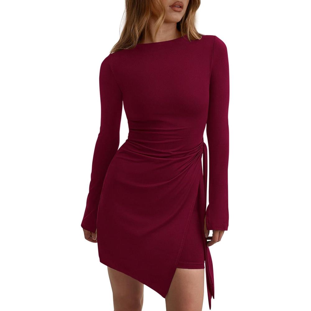 imagePRETTYGARDEN Women 2025 Mini Bodycon Dresses Long Sleeve Ruched Fitted Short Night Out Trendy Party Club Outfits Fall ClothesBurgundy