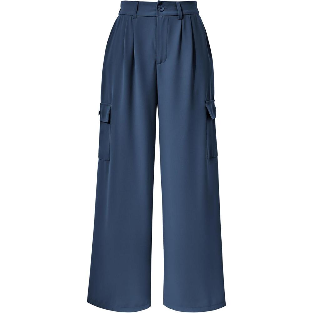 imagePRETTYGARDEN Women Wide Leg Pants High Waisted Business Work Trousers Long Straight Suit Dress Pants BlueLarge
