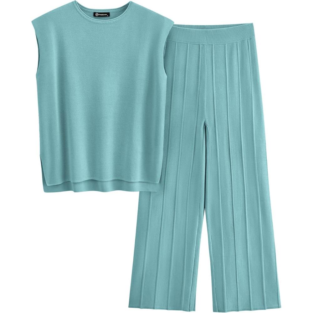 imagePRETTYGARDEN Womens 2 Piece Outfits Knit Loungewear High Low Pullover Tops and Wide Leg Pants Casual Sweater Sets Tracksuits Blue GreenSmall