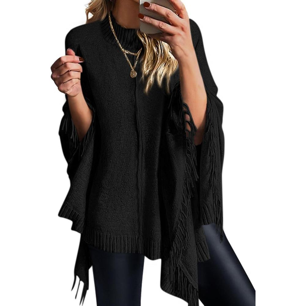 imagePRETTYGARDEN Womens 2025 Fall Winter Poncho Sweaters Trendy Chunky Knit Fringe Shawls Wraps Pullover Tops Holiday OutfitsBlack