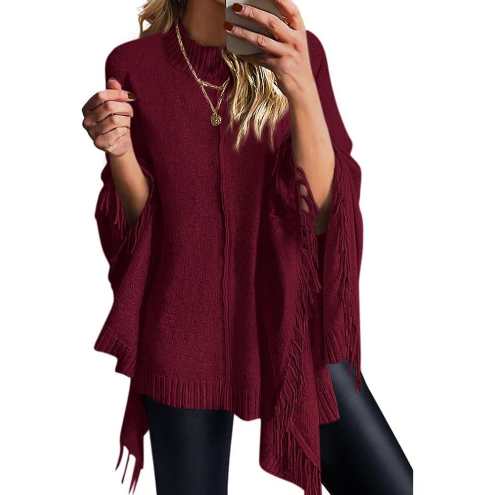 imagePRETTYGARDEN Womens 2025 Fall Winter Poncho Sweaters Trendy Chunky Knit Fringe Shawls Wraps Pullover Tops Holiday OutfitsBurgundy