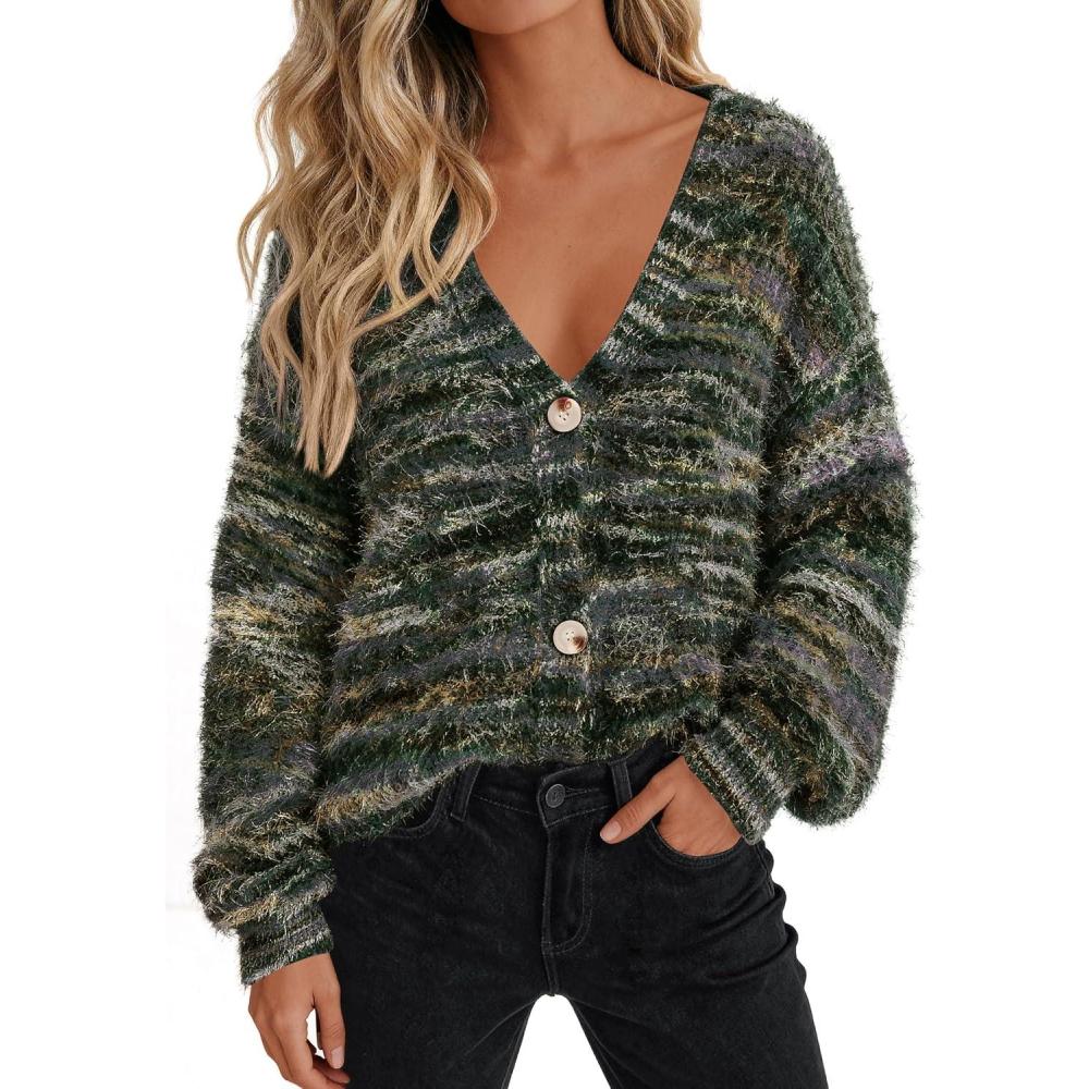 imagePRETTYGARDEN Womens Cardigan Sweaters Fall Fashion 2026 Striped Long Sleeve Button V Neck Knit Fuzzy Outerwear Winter ClothesArmy Green