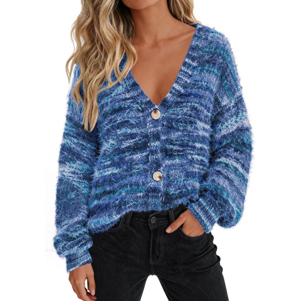 imagePRETTYGARDEN Womens Cardigan Sweaters Fall Fashion 2026 Striped Long Sleeve Button V Neck Knit Fuzzy Outerwear Winter ClothesBlue