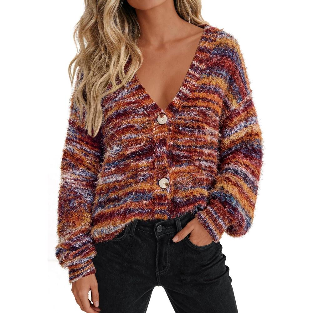 imagePRETTYGARDEN Womens Cardigan Sweaters Fall Fashion 2026 Striped Long Sleeve Button V Neck Knit Fuzzy Outerwear Winter ClothesBurnt Orange