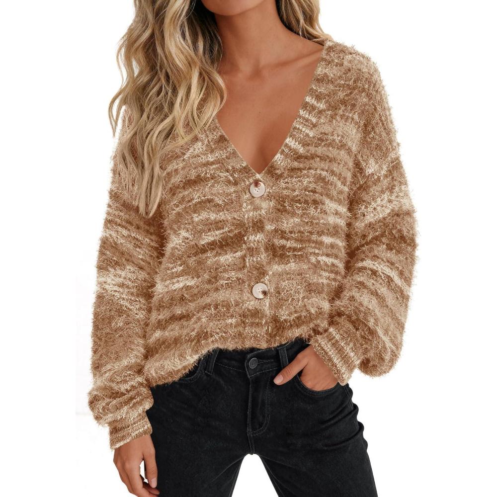 imagePRETTYGARDEN Womens Cardigan Sweaters Fall Fashion 2026 Striped Long Sleeve Button V Neck Knit Fuzzy Outerwear Winter ClothesKhaki