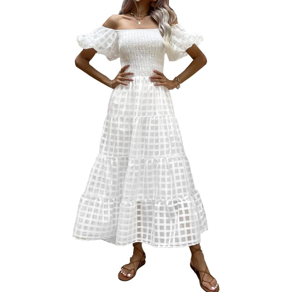 imagePRETTYGARDEN Womens Casual Summer Dress Puffy Short Sleeve Square Neck Smocked Tiered A Line Maxi Long DressesPlaid Beige White