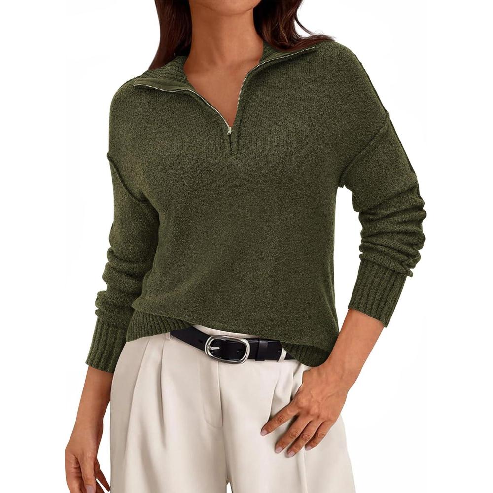 imagePRETTYGARDEN Womens Fall Quarter Zip Pullover Sweaters 2026 Dressy Casual Long Sleeve V Neck Collared Knit Jumper TopsArmy Green