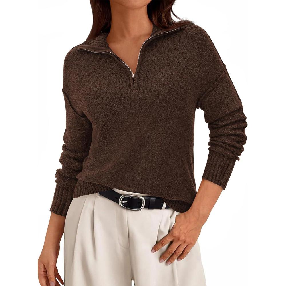 imagePRETTYGARDEN Womens Fall Quarter Zip Pullover Sweaters 2026 Dressy Casual Long Sleeve V Neck Collared Knit Jumper TopsBrown