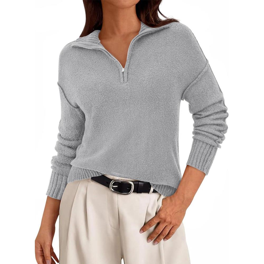 imagePRETTYGARDEN Womens Fall Quarter Zip Pullover Sweaters 2026 Dressy Casual Long Sleeve V Neck Collared Knit Jumper TopsGrey