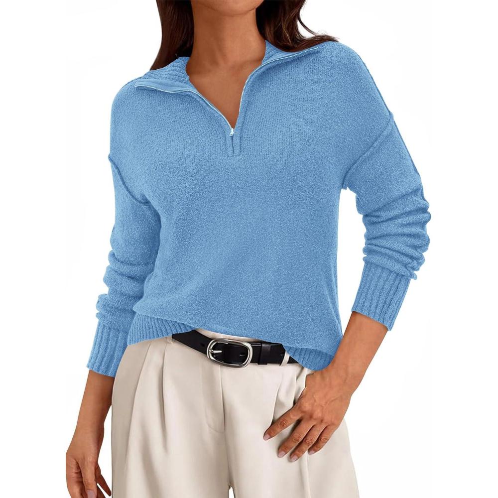 imagePRETTYGARDEN Womens Fall Quarter Zip Pullover Sweaters 2026 Dressy Casual Long Sleeve V Neck Collared Knit Jumper TopsLight Blue