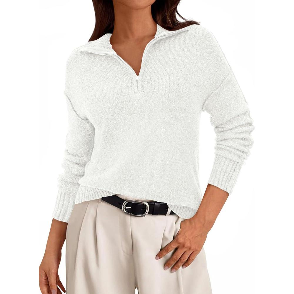 imagePRETTYGARDEN Womens Fall Quarter Zip Pullover Sweaters 2026 Dressy Casual Long Sleeve V Neck Collared Knit Jumper TopsWhite
