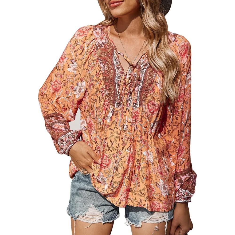 imagePRETTYGARDEN Womens Floral Ruffled Tunic Blouse Tie V Neck Casual Long Sleeve Babydoll Peplum Tops01OrangeLarge
