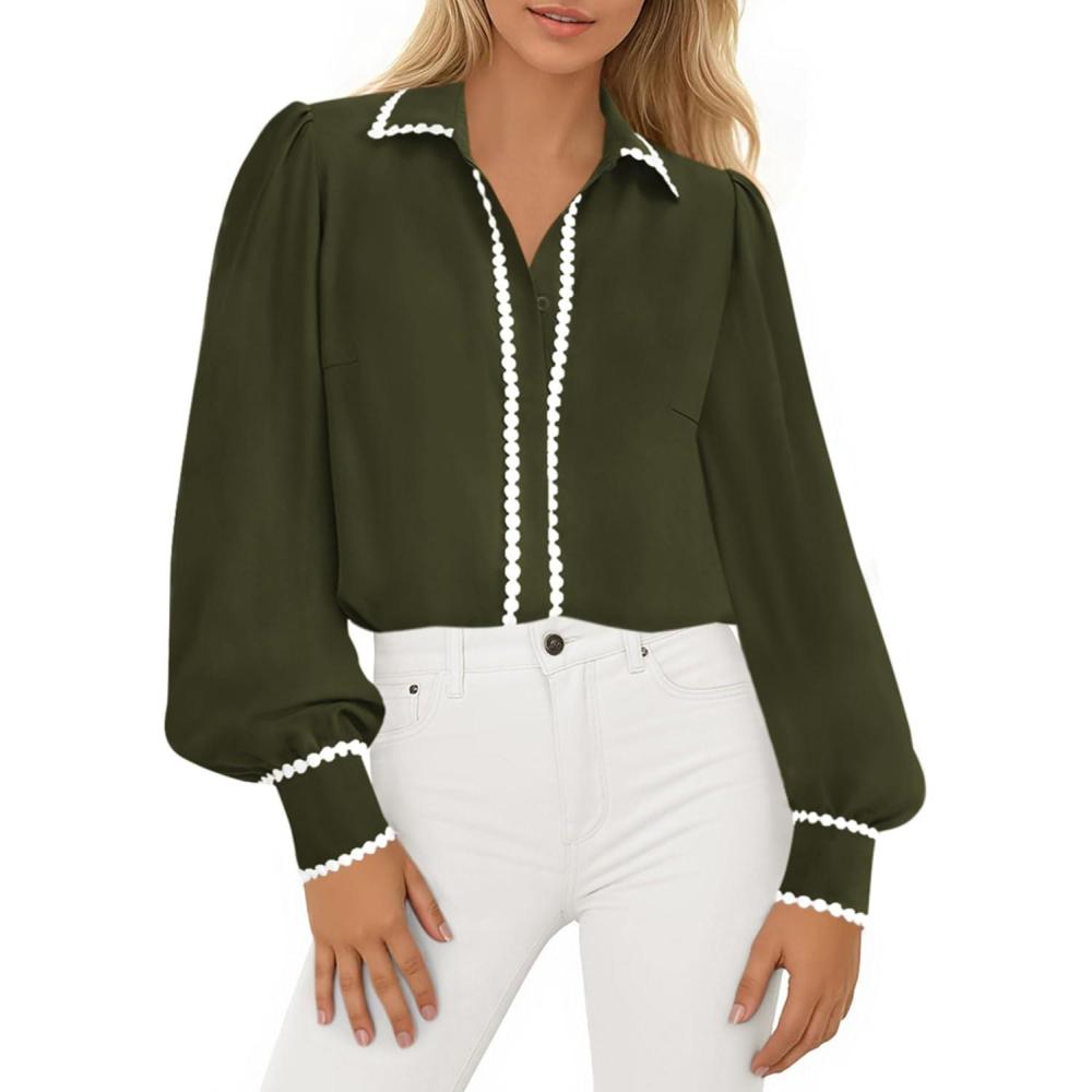 imagePRETTYGARDEN Womens Long Sleeve Button Down Shirts 2026 Trendy V Neck Loose Fit Fall Tops Collared Dressy Casual BlousesArmy Green