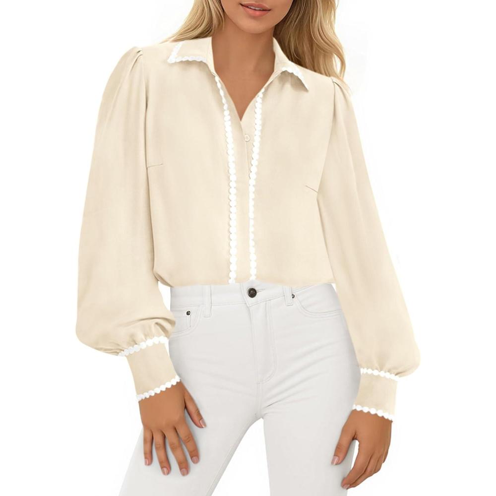 imagePRETTYGARDEN Womens Long Sleeve Button Down Shirts 2026 Trendy V Neck Loose Fit Fall Tops Collared Dressy Casual BlousesBeige