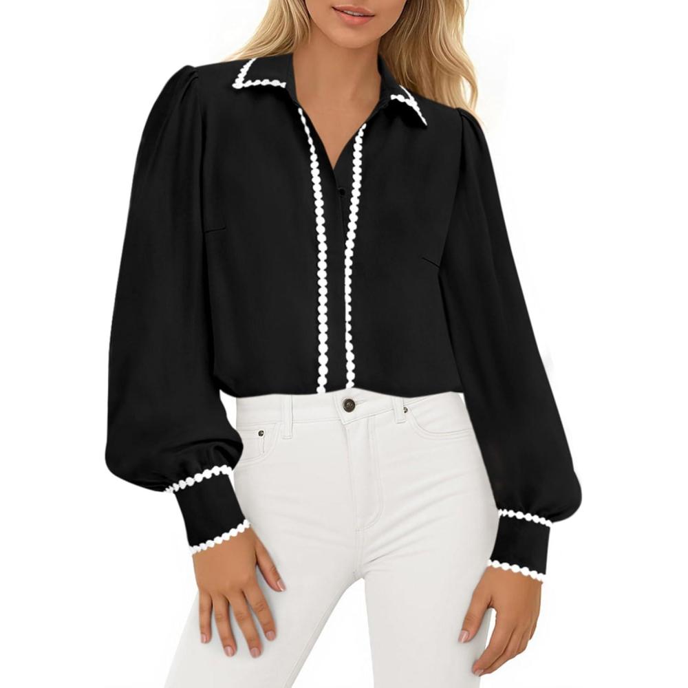 imagePRETTYGARDEN Womens Long Sleeve Button Down Shirts 2026 Trendy V Neck Loose Fit Fall Tops Collared Dressy Casual BlousesBlack