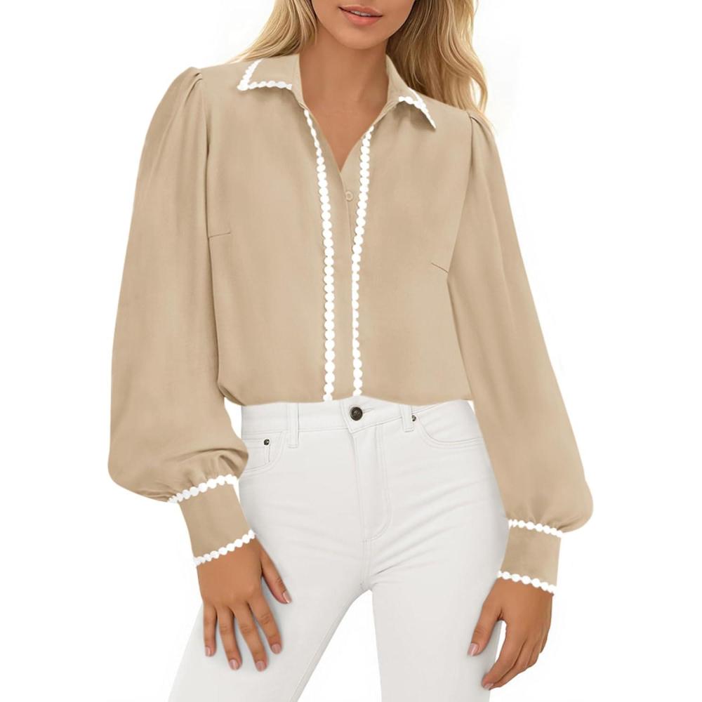 imagePRETTYGARDEN Womens Long Sleeve Button Down Shirts 2026 Trendy V Neck Loose Fit Fall Tops Collared Dressy Casual BlousesKhaki