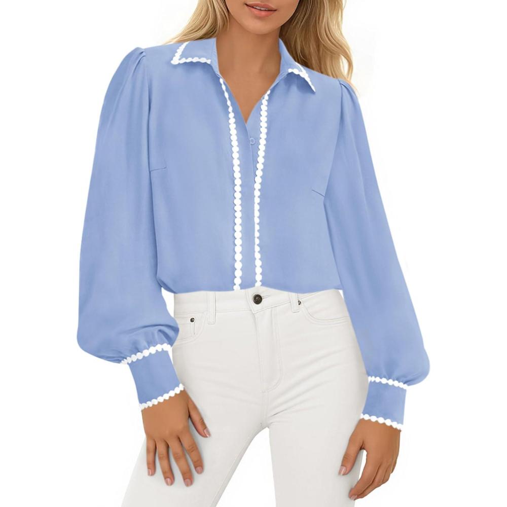 imagePRETTYGARDEN Womens Long Sleeve Button Down Shirts 2026 Trendy V Neck Loose Fit Fall Tops Collared Dressy Casual BlousesLight Blue