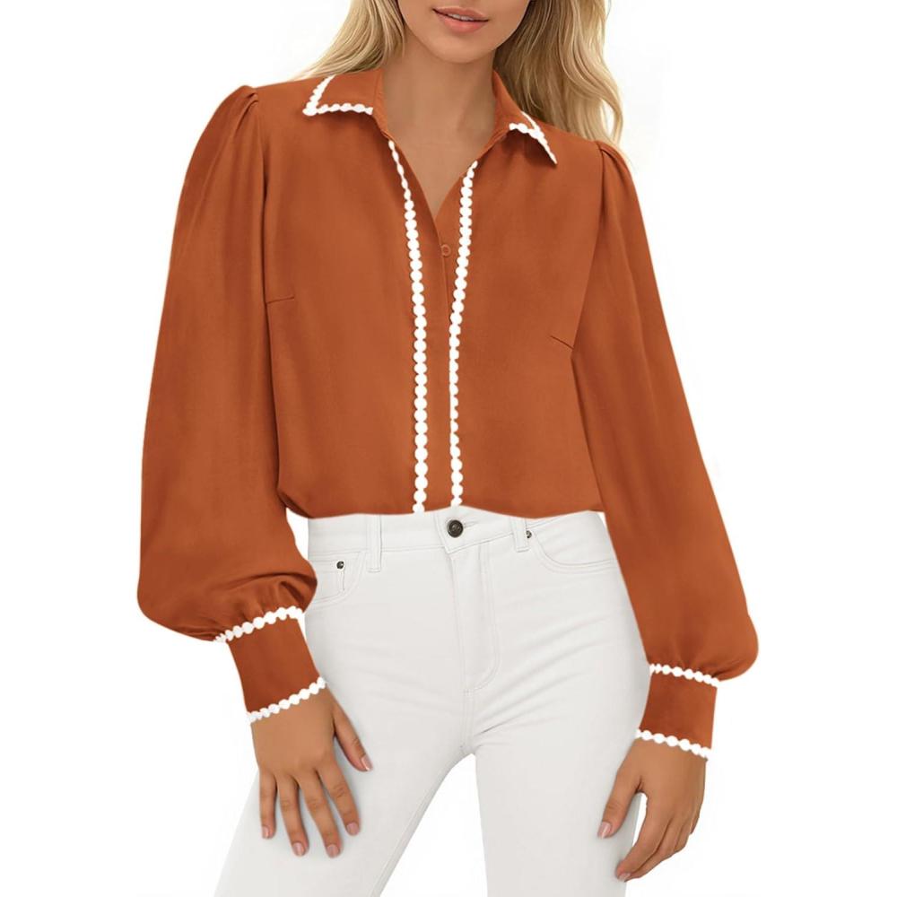 imagePRETTYGARDEN Womens Long Sleeve Button Down Shirts 2026 Trendy V Neck Loose Fit Fall Tops Collared Dressy Casual BlousesOrange