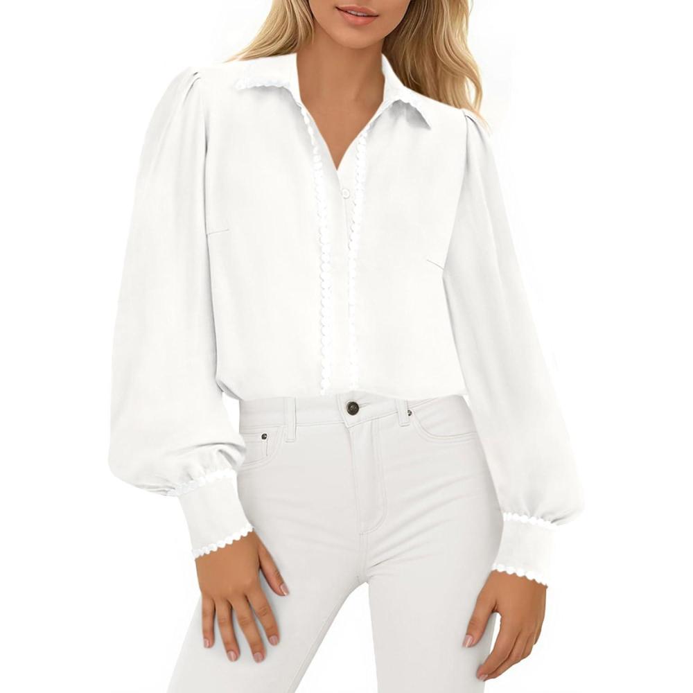 imagePRETTYGARDEN Womens Long Sleeve Button Down Shirts 2026 Trendy V Neck Loose Fit Fall Tops Collared Dressy Casual BlousesWhite