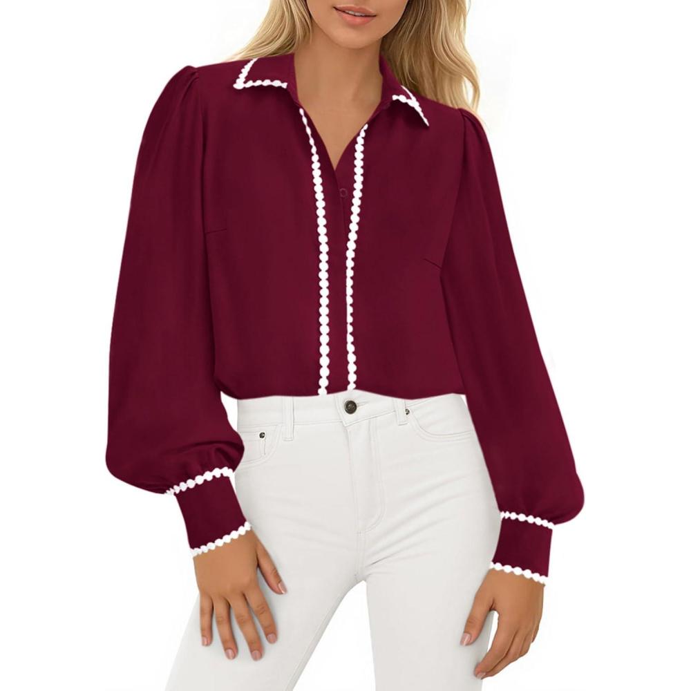 imagePRETTYGARDEN Womens Long Sleeve Button Down Shirts 2026 Trendy V Neck Loose Fit Fall Tops Collared Dressy Casual BlousesWine Red