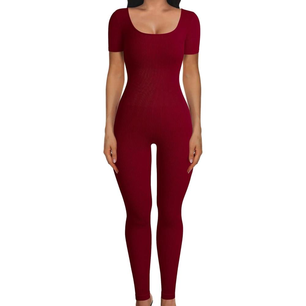 imagePRETTYGARDEN Womens Sexy Bodycon Jumpsuits Short Sleeve Square Neck Ribbed Knit One Piece Outfit Summer Rompers Pants RedMedium