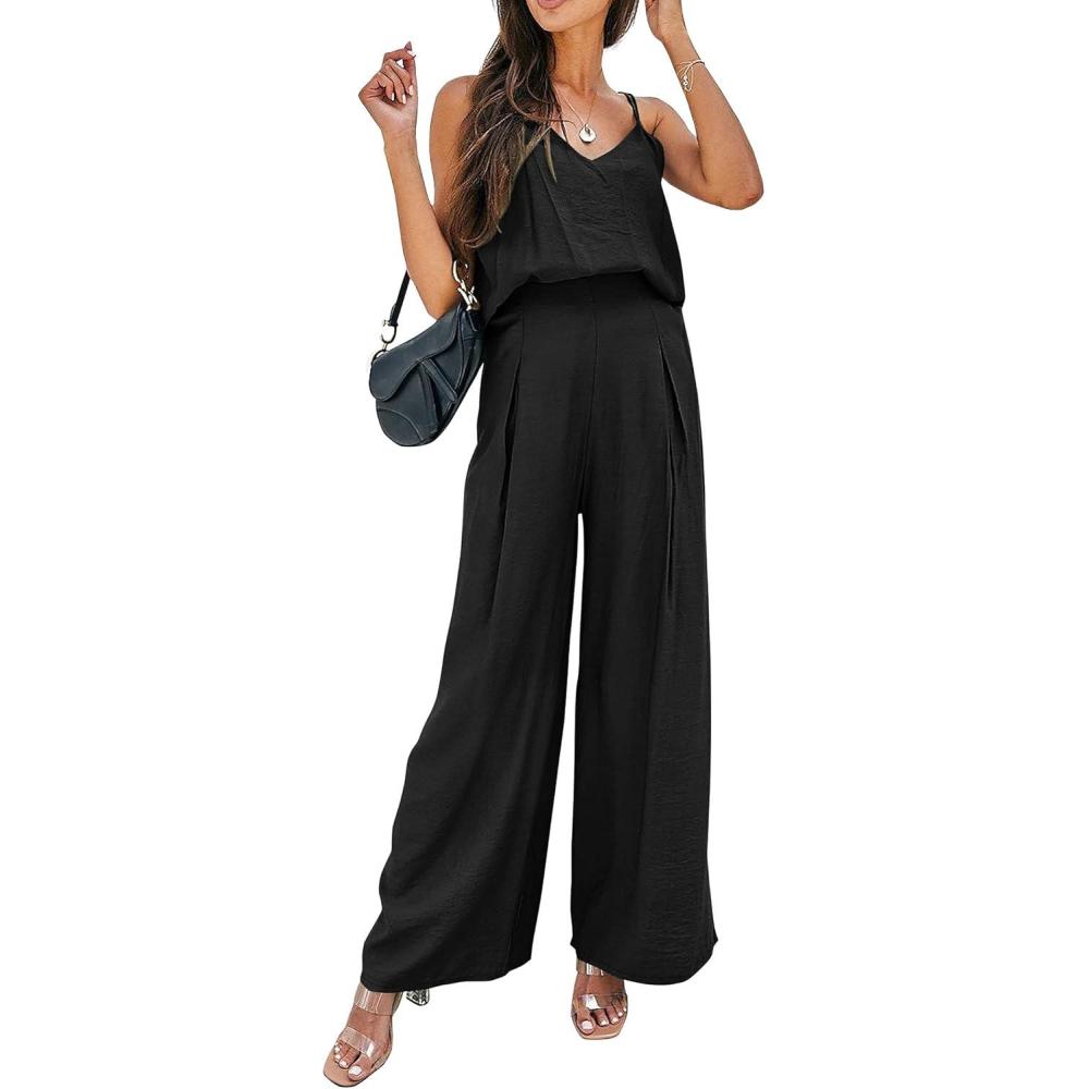 imagePRETTYGARDEN Womens Summer 2 Piece Set Sleeveless V Neck Cami Top Wide Leg Pants Loose Fit Casual Outfit