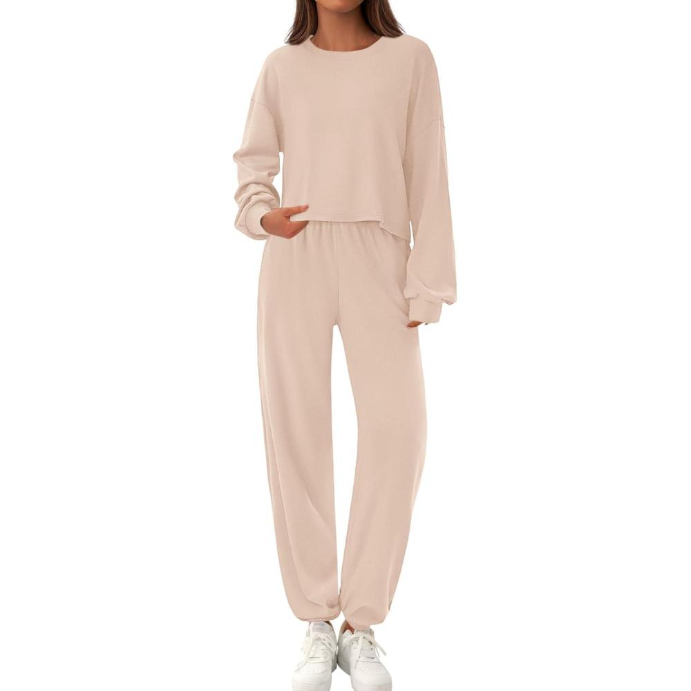 imagePRETTYGARDEN Womens Two Piece Lounge Sets 2025 Fall Airport Outfits Long Sleeve Pullover Tops Sweatpants Matching ClothingBeige