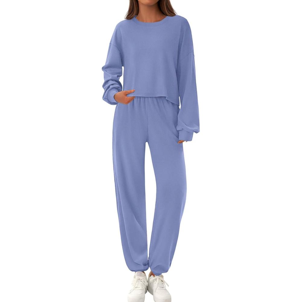 imagePRETTYGARDEN Womens Two Piece Lounge Sets 2025 Fall Airport Outfits Long Sleeve Pullover Tops Sweatpants Matching ClothingBlue