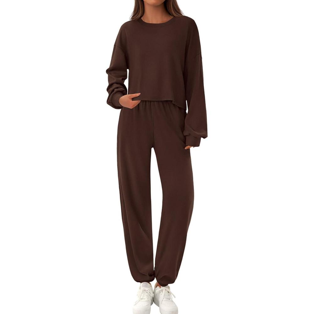 imagePRETTYGARDEN Womens Two Piece Lounge Sets 2025 Fall Airport Outfits Long Sleeve Pullover Tops Sweatpants Matching ClothingBrown