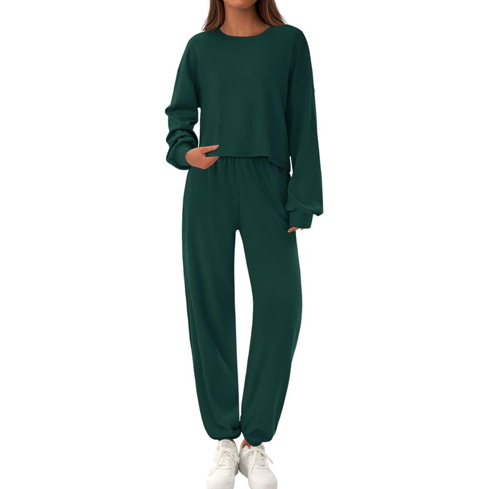 imagePRETTYGARDEN Womens Two Piece Lounge Sets 2025 Fall Airport Outfits Long Sleeve Pullover Tops Sweatpants Matching ClothingDark Green