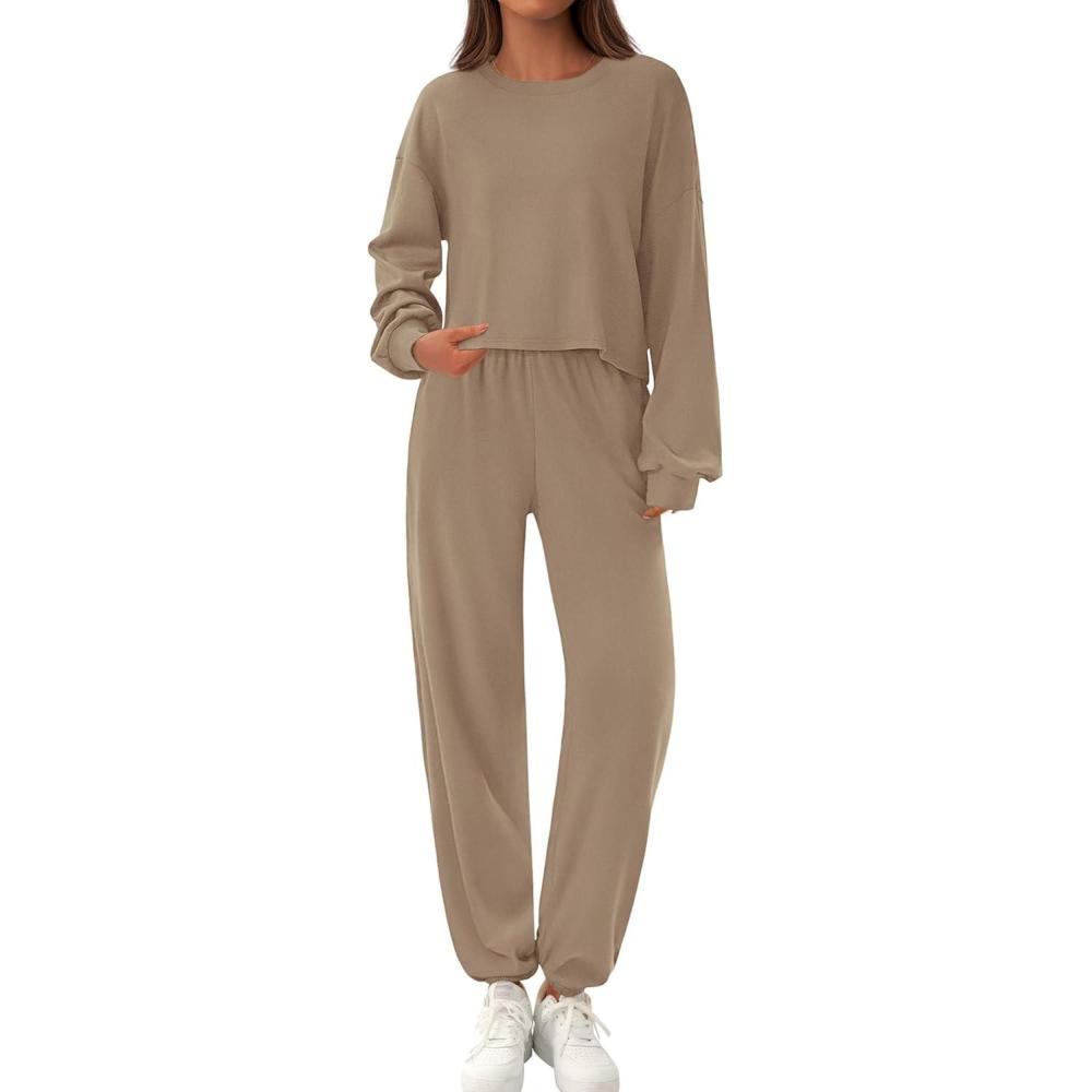 imagePRETTYGARDEN Womens Two Piece Lounge Sets 2025 Fall Airport Outfits Long Sleeve Pullover Tops Sweatpants Matching ClothingKhaki