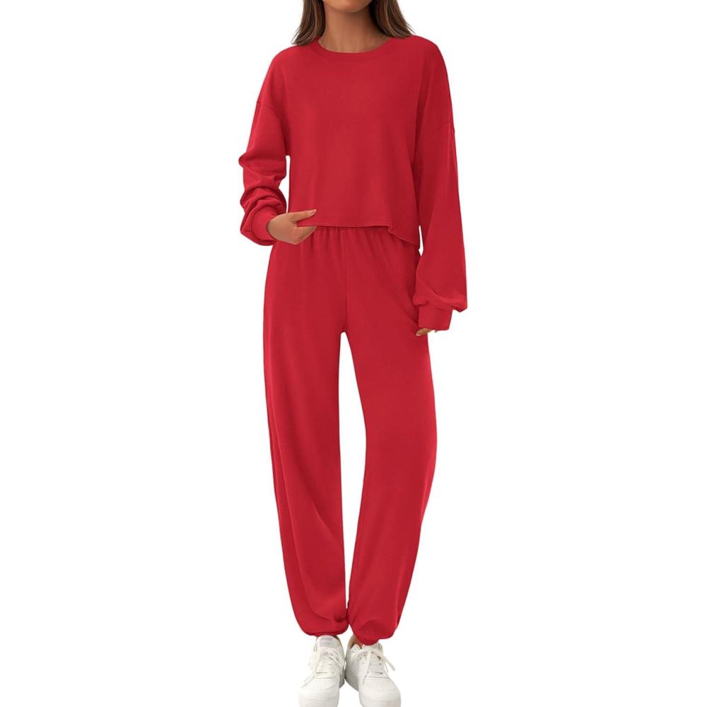 imagePRETTYGARDEN Womens Two Piece Lounge Sets 2025 Fall Airport Outfits Long Sleeve Pullover Tops Sweatpants Matching ClothingRed