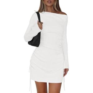 PRETTYGARDEN Long Sleeve Dress for Women 2026 Fall Off The Shoulder Cocktail Party Spring Mini Ruched Bodycon Dresses(White)