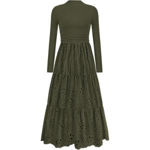 PRETTYGARDEN Long Sleeve Maxi Dress for Women 2026 Fall Eyelet A Line Elegant Classy Flowy Mock Neck Spring Vacation Dresses(Army Green)