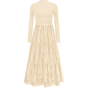 PRETTYGARDEN Long Sleeve Maxi Dress for Women 2026 Fall Eyelet A Line Elegant Classy Flowy Mock Neck Spring Vacation Dresses(Beige)