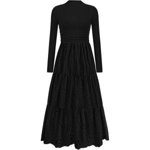 PRETTYGARDEN Long Sleeve Maxi Dress for Women 2026 Fall Eyelet A Line Elegant Classy Flowy Mock Neck Spring Vacation Dresses(Black)
