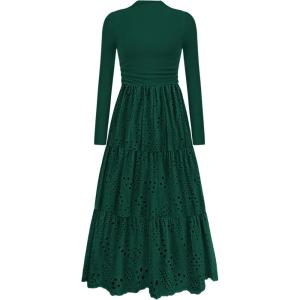 PRETTYGARDEN Long Sleeve Maxi Dress for Women 2026 Fall Eyelet A Line Elegant Classy Flowy Mock Neck Spring Vacation Dresses(Dark Green)