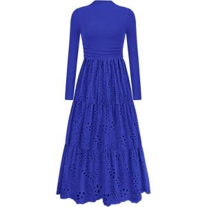 PRETTYGARDEN Long Sleeve Maxi Dress for Women 2026 Fall Eyelet A Line Elegant Classy Flowy Mock Neck Spring Vacation Dresses(Royal Blue)