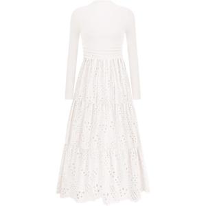 PRETTYGARDEN Long Sleeve Maxi Dress for Women 2026 Fall Eyelet A Line Elegant Classy Flowy Mock Neck Spring Vacation Dresses(White)